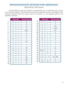 ROMANIZATION SYSTEM FOR ARMENIAN BGN/PCGN 1981 System The BGN/PCGN system for Armenian was designed for use in romanizing names written in the Armenian alphabet. The Roman letters and letter combinations shown as equival