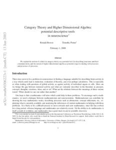 arXiv:math/0306223v1 [math.CT] 13 JunCategory Theory and Higher Dimensional Algebra: potential descriptive tools in neuroscience∗ Timothy Porter†
