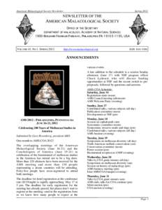 American Malacological Society Newsletter  Spring 2012 NEWSLETTER OF THE AMERICAN MALACOLOGICAL SOCIETY