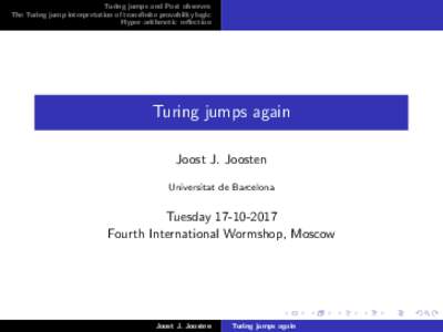 Turing jumps and Post observes The Turing jump interpretation of transfinite provability logic Hyper-arithmetic reflection Turing jumps again Joost J. Joosten