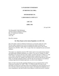 LAW REFORM COMMISSION OF BRITISH COLUMBIA MINOR REPORT ON LABOUR REGULATION ACT
