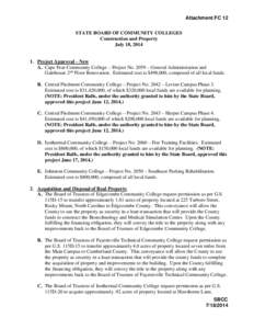 Attachment FC 12 STATE BOARD OF COMMUNITY COLLEGES Construction and Property July 18, [removed]Project Approval – New A. Cape Fear Community College – Project No. 2059 – General Administration and