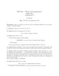 MCS 441 – Theory of Computation I Spring 2016 Problem Set 5∗ Lev Reyzin Due: at the beginning of class