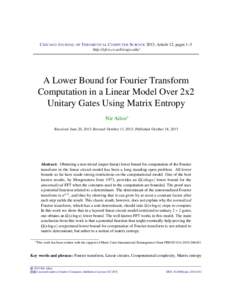 A Lower Bound for Fourier Transform Computation in a Linear Model Over 2x2 Unitary Gates Using Matrix Entropy