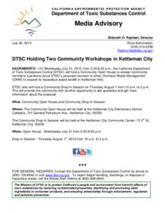 DTSC Holding Two Community Workshops in Kettleman City
