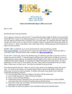 100 Van Buren W Battle Creek, MIPhone: (School Annual Education Report (AER) Cover Letter May 22, 2018 Dear Parents and Community Members: