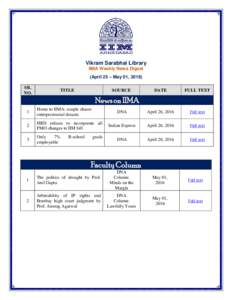 Vikram Sarabhai Library IIMA Weekly News Digest (April 25 – May 01, 2016) SR. NO.