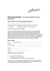 Gift Aid declaration – for past, present & future donations Name of charity or Community Amateur Sports Club ------------------------------------------------------------------Please treat as Gift Aid donations all qual