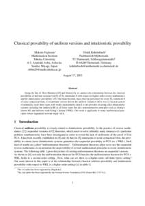 Classical provability of uniform versions and intuitionistic provability Makoto Fujiwara∗ Mathematical Institute Tohoku University 6-3, Aramaki Aoba, Aoba-ku Sendai, Miyagi, Japan