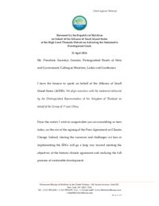 [Check Against Delivery]  Statement by the Republic of Maldives on behalf of the Alliance of Small Island States at the High Level Thematic Debate on Achieving the Sustainable Development Goals