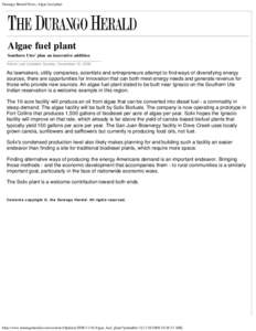 Durango Herald News, Algae fuel plant