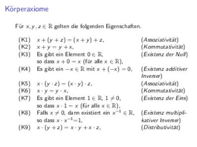 K¨orperaxiome F¨ ur x, y , z ∈ R gelten die folgenden Eigenschaften. (K1) (K2) (K3)