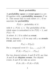 Basic probability A probability space or event space is a set Ω together with a probability measure P on it. This means that to each subset A ⊂ Ω we associate the probability P (A) = probability of A
