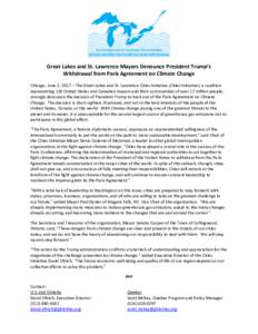 Great Lakes and St. Lawrence Mayors Denounce President Trump’s Withdrawal from Paris Agreement on Climate Change Chicago, June 2, 2017 – The Great Lakes and St. Lawrence Cities Initiative (Cities Initiative), a coali