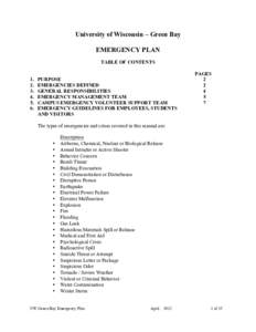 University of Wisconsin – Green Bay EMERGENCY PLAN TABLE OF CONTENTS.