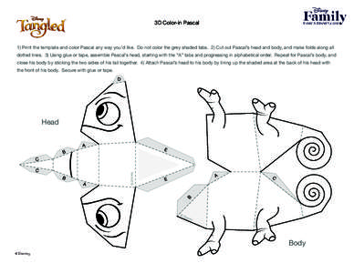 3D Color-in Pascal  1) Print the template and color Pascal any way you’d like.  Do not color the grey shaded tabs.  2) Cut out Pascal’s head and body, and make folds along all dotted 