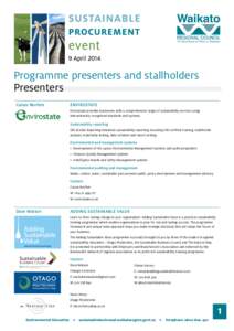Programme presenters and stallholders Presenters Calum Revfem ENVIROSTATE Envirostate provides businesses with a comprehensive range of sustainability services using