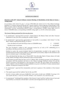 ANNOUNCEMENT Decisions of the 82nd Annual Ordinary General Meeting of Shareholders of the Bank of Greece – Voting results In accordance with Article 32, para. 1, of Lawand Articleof the Athens Excha