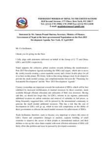 PERMANENT MISSION OF NEPAL TO THE UNITED NATIONS 820 Second Avenue, 17th Floor, New York, NYTel.: (; Fax: (E-mail:   Statement by Mr. Suman Prasad Sharm