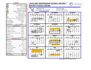 Legend …Staff Development/Student Holiday ……….….. Prep.Day/Student Holiday LACKLAND INDEPENDENT SCHOOL DISTRICTSchool Calendar