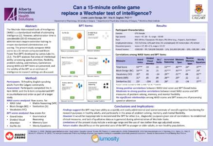 Can a 15-minute online game replace a Wechsler test of intelligence? Linette Lawlor-Savage, BA1, Vina M. Goghari, PhD1,2,3 1  Department of Psychology, University of Calgary