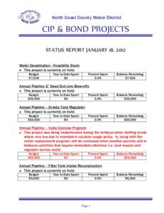 North Coast County Water District  CIP & BOND PROJECTS STATUS REPORT JANUARY 18, 2012 Water Desalination –Feasibility Study  This project is currently on hold.
