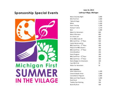 Sponsorship Special Events  June 14, 2014 Lathrup Village, Michigan Music Saturday Night Mini Pub Tent