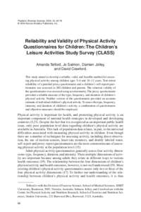 64 — Telford et al. Pediatric Exercise Science, 2004, 16, 64-78 © 2004 Human Kinetics Publishers, Inc. Reliability and Validity of Physical Activity Questionnaires for Children: The Children’s