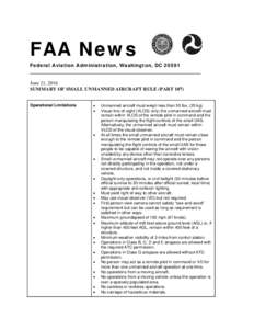 FAA News Federal Aviation Administration, Washington, DC_____________________________________________________________________ June 21, 2016 SUMMARY OF SMALL UNMANNED AIRCRAFT RULE (PART 107) Operational Limitation
