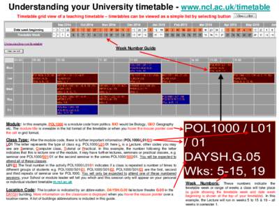 Understanding your University timetable - www.ncl.ac.uk/timetable Timetable grid view of a teaching timetable – timetables can be viewed as a simple list by selecting button Week Number Guide  Module: In this example, 