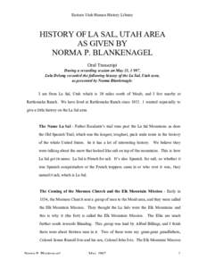 Eastern Utah Human History Library  HISTORY OF LA SAL, UTAH AREA AS GIVEN BY NORMA P. BLANKENAGEL Oral Transcript