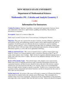 NEW MEXICO STATE UNIVERSITY Department of Mathematical Sciences MathematicsCalculus and Analytic Geometry I 3 credits  Information For Instructors