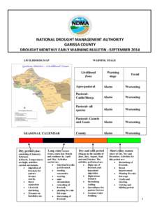 NATIONAL DROUGHT MANAGEMENT AUTHORITY GARISSA COUNTY DROUGHT MONTHLY EARLY WARNING BULLETIN –SEPTEMBER 2014 LIVELIHOODS MAP  WARNING STAGE