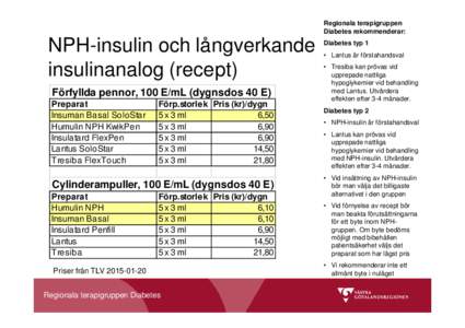 Regionala terapigruppen Diabetes rekommenderar: NPH-insulin och långverkande insulinanalog (recept) Förfyllda pennor, 100 E/mL (dygnsdos 40 E)