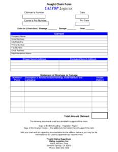 Freight Claim Form Claimant’s Number Date:  Carrier’s Pro Number: