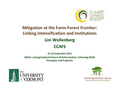 Mitigation at the Farm-Forest Frontier: Linking Intensification and Institutions Lini Wollenberg CCAFSSeptember 2011 REDD+ and Agricultural Drivers of Deforestation: Informing REDD