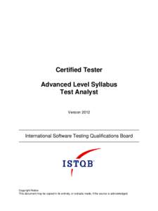 Certified Tester Advanced Level Syllabus Test Analyst VersionInternational Software Testing Qualifications Board