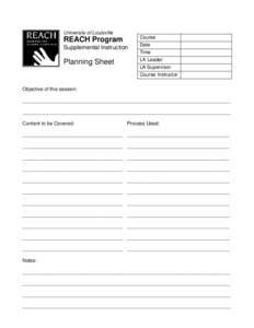 University of Louisville  REACH Program Supplemental Instruction  Planning Sheet