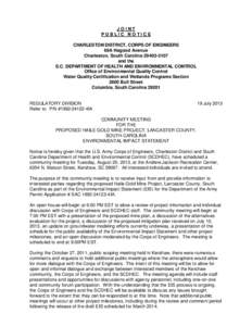 JOINT PUBLIC NOTICE CHARLESTON DISTRICT, CORPS OF ENGINEERS 69A Hagood Avenue Charleston, South Carolina[removed]and the