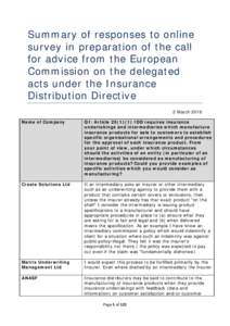 Summary of responses to online survey in preparation of the call for advice from the European Commission on the delegated acts under the Insurance Distribution Directive