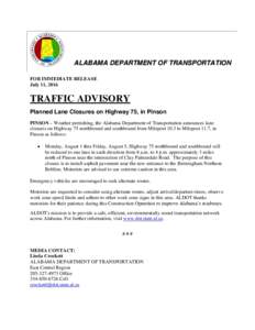 a ne Cls ALABAMA DEPARTMENT OF TRANSPORTATION FOR IMMEDIATE RELEASE July 11, 2016