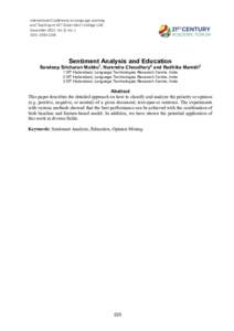 International	Conference	on	Language	Learning	 and	Teaching	at	HCT	Dubai	Men’s	College	UAE,		 November	2015,	Vol.	8,	No.	1 ISSN:	Sentiment Analysis and Education