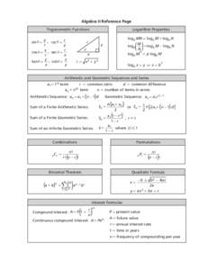 Algebra II Reference Page Trigonometric Functions y , r csc θ = r