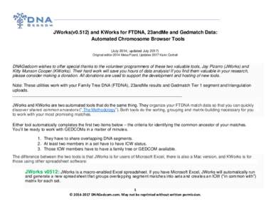 JWorks(v0.512) and KWorks for FTDNA, 23andMe and Gedmatch Data: Automated Chromosome Browser Tools (July 2014; updated JulyOriginal editor 2014 Mesa Foard, Updates 2017 Karin Corbeil  DNAGedcom wishes to offer spe