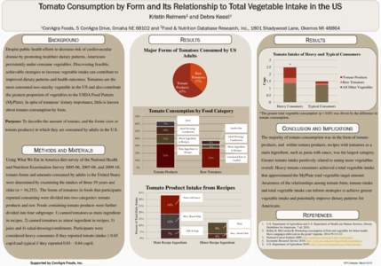Tomato Consumption by Form and Its Relationship to Total Vegetable Intake in the US Kristin Reimers1 and Debra Keast2 1 ConAgra Foods, 5 ConAgra Drive, Omaha NEand 2Food & Nutrition Database Research, Inc., 1801 S
