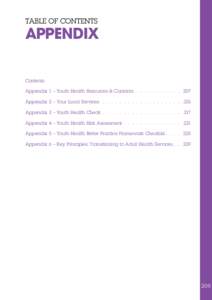 TABLE OF CONTENTS  APPENDIX Contents Appendix 1 – Youth Health Resources & Contacts  .  .  .  .  .  .  .  .  .  .  .  . 207 Appendix 2 – Your Local Services  .  .  .  .  .  .  .  .  .  .  .  .  .  .  .  .  .  .  .  .
