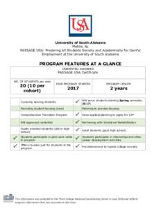 University of South Alabama Mobile, AL PASSAGE USA: Preparing All Students Socially and Academically for Gainful Employment at the University of South Alabama  PROGRAM FEATURES AT A GLANCE