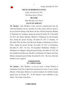 Unrevised House Hansard - Friday December 2, 2011