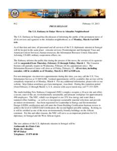 Ave Jean XXIII - B.P. 49 Dakar – Tél. : [removed]  #12 February 15, 2013 PRESS RELEASE