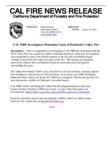 CAL FIRE NEWS RELEASE California Department of Forestry and Fire Protection CONTACT: Daniel Berlant Information Officer